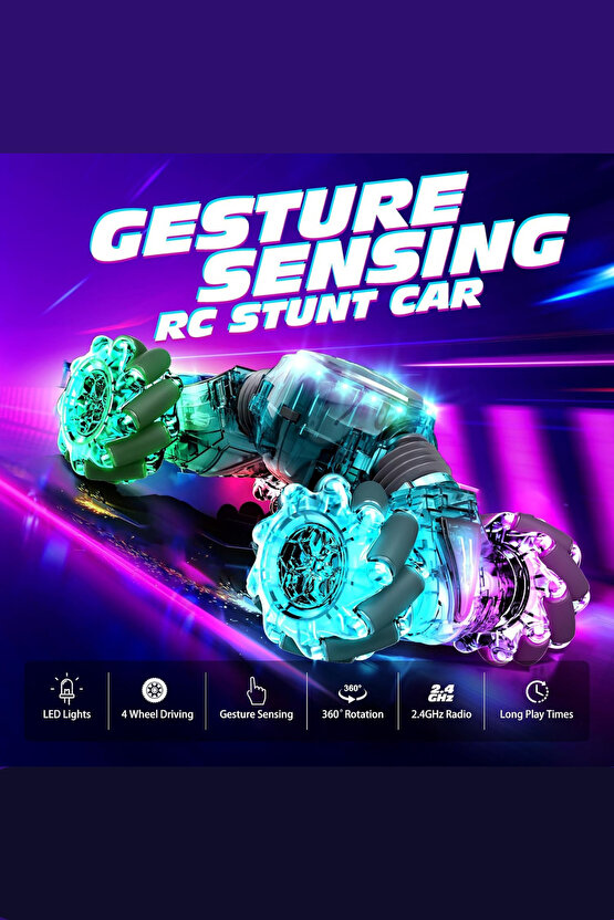 Oyuncak 2.4 GHz Bilekten ve Uzaktan Kumandalı Işıklı 4X4 Çift Kumandalı Akrobat Araba Şeffaf Model