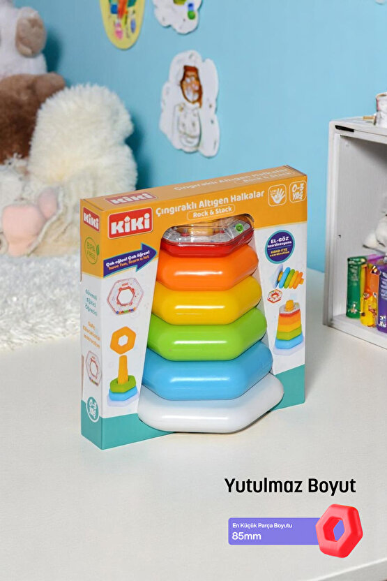 Oyuncak Aktivite Çubuğa Geçen Renkli Çıngıraklı Altıgen Halkalar