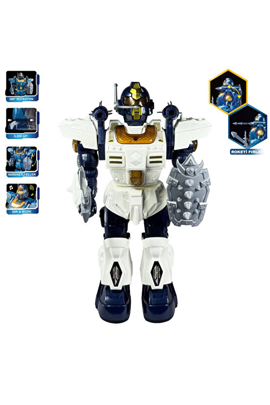 Oyuncak Işıklı ve Müzikli Roket Atan Pilli Savaşçı Robot Kılıç Kalkanlı 360° Dönen Robot Pil Hediye