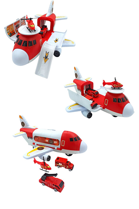 Oyuncak İtfaiye Uçak 3 Adet İtfaiye Araçlı Garajlı Uçak 35cm. Jumbo Boy