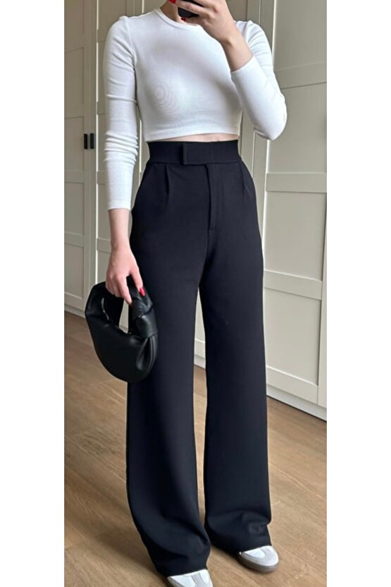 Yüksek Bel Cırt Cırtlı Siyah Bol Paça Cepli En Boy Likralı Rahat Kalıp Kumaş Pantolon Kadın Pileli