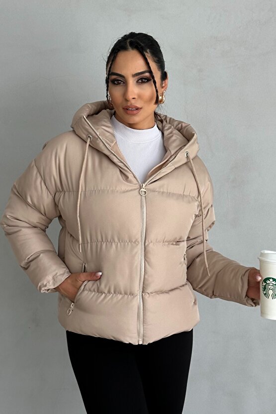 Kadın Kapüşonlu Şişme Mont - Yakası Bağcıklı