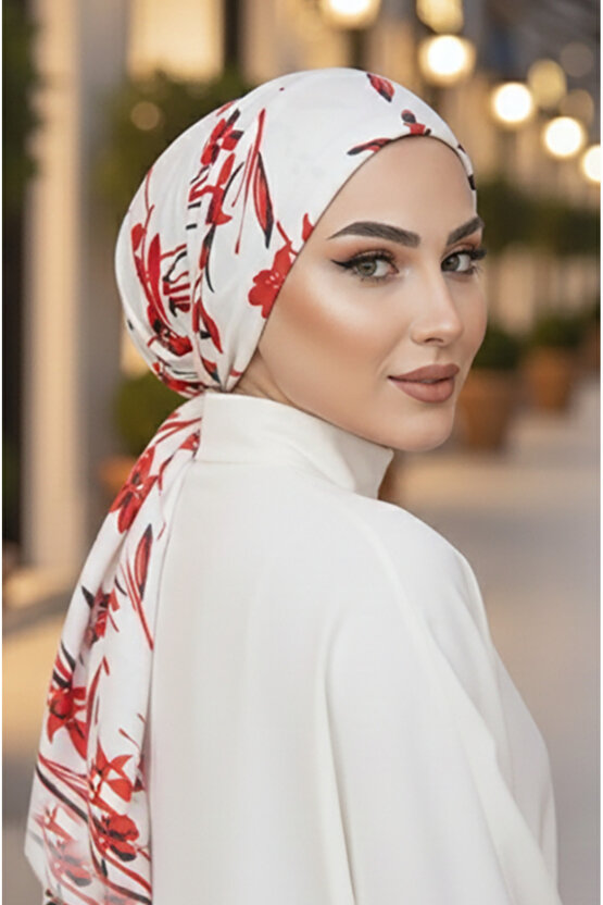 Beyaz Kırmızı Çiçekli Eşarp Bone