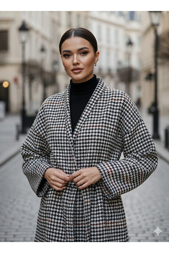 Siyah Taba Kaşe Kazayağı Desen Kuşaklı Kimono Ceket  Kışlık Ürün