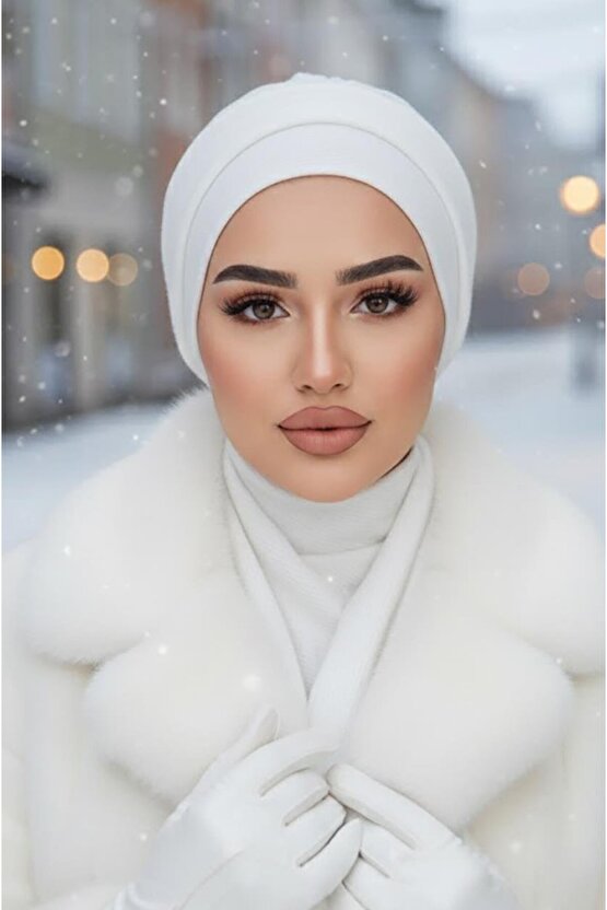 Beyaz Hazır Atkılı Tesettür Bone