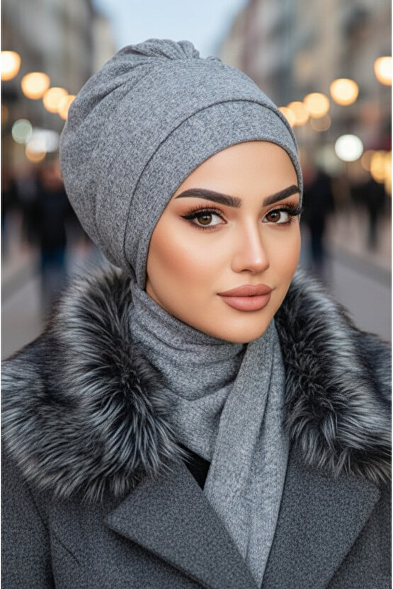 Gri Hazır Atkılı Tesettür Bone