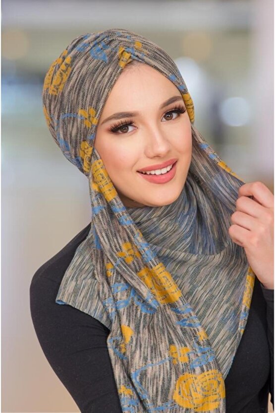 Gri Hardal Desen Kelebek Model Büzgülü Bone Şal