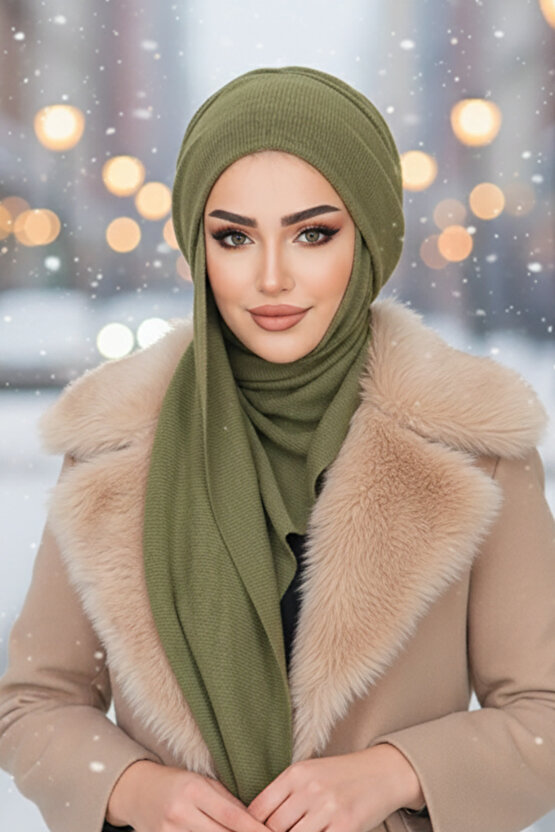 Haki Triko Kelebek Bone Şal