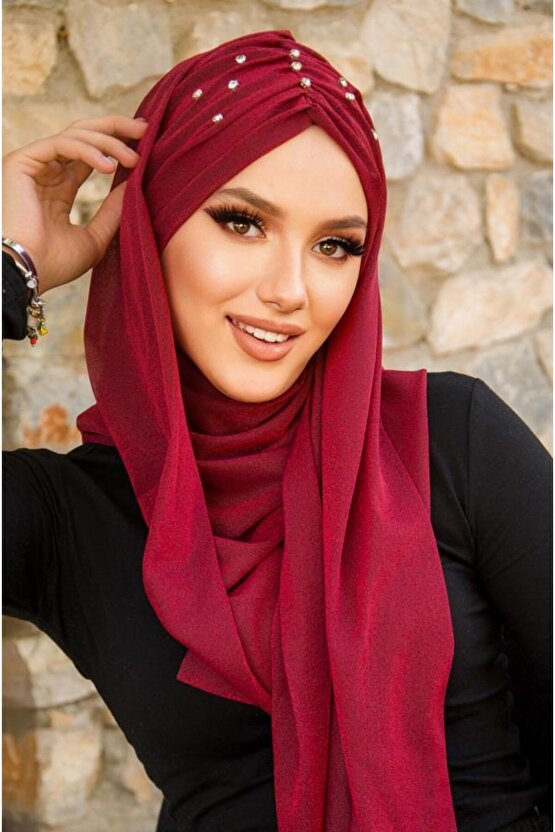 Bordo Işıltılı Taşlı Abiye Şal