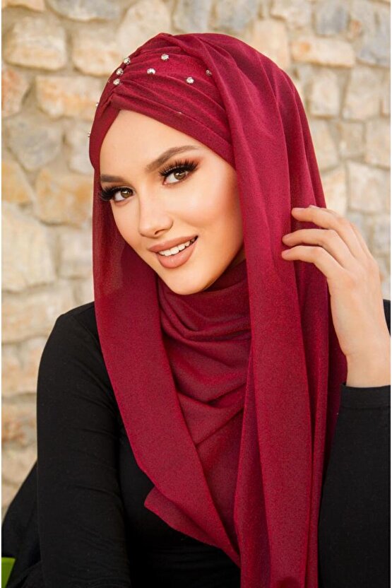 Bordo Işıltılı Taşlı Abiye Şal