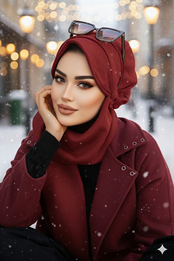 Bordo Hazır Atkılı Tesettür Şapka