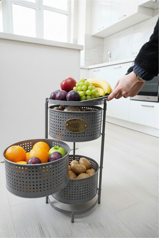 3 Katlı Tepsili Metal Sebzelik Açılır Metal Patates Soğan Meyvelik Sepeti Rafı Antrasit Gri
