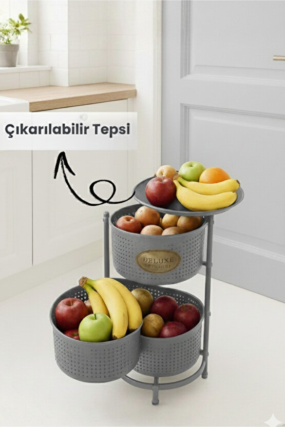 3 Katlı Tepsili Metal Sebzelik Açılır Metal Patates Soğan Meyvelik Sepeti Rafı Antrasit Gri