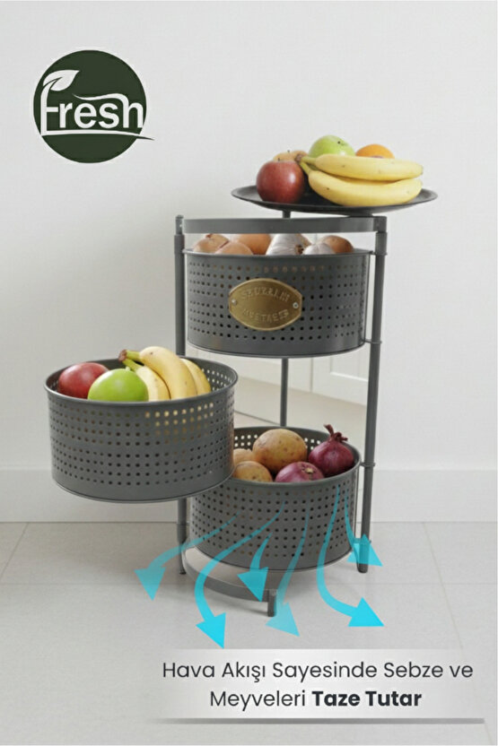 3 Katlı Tepsili Metal Sebzelik Açılır Metal Patates Soğan Meyvelik Sepeti Rafı Antrasit Gri