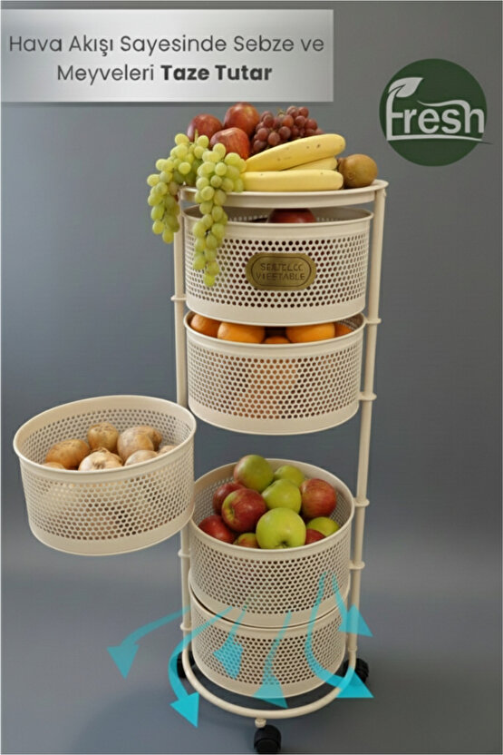 5 Katlı Tekerlekli Tepsili Metal Sebzelik Açılır Patates Soğan Meyvelik Sepeti Raf KREM