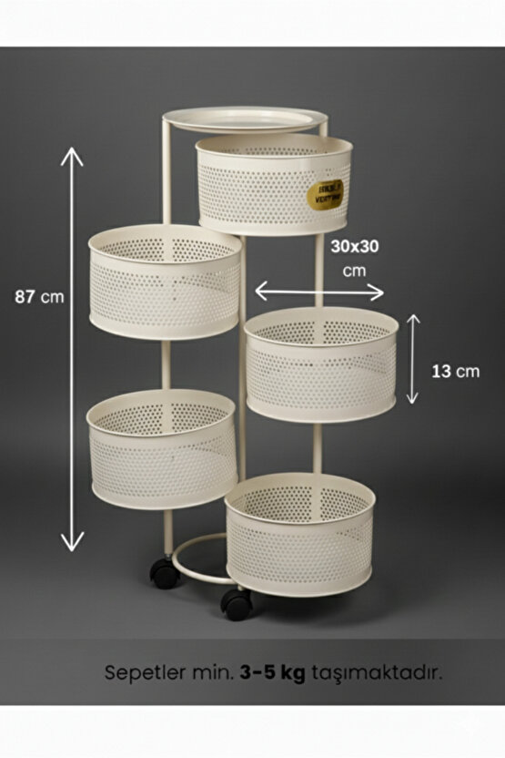 5 Katlı Tekerlekli Tepsili Metal Sebzelik Açılır Patates Soğan Meyvelik Sepeti Raf KREM