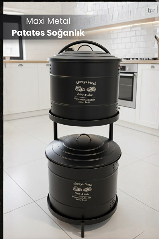 Siyah Maxi Metal Patates Soğanlık Dev Boy Patates Soğan Saklama Kovası Sebzelik