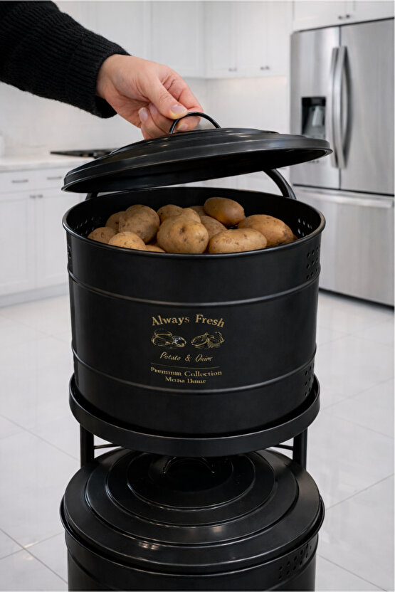 Siyah Maxi Metal Patates Soğanlık Dev Boy Patates Soğan Saklama Kovası Sebzelik