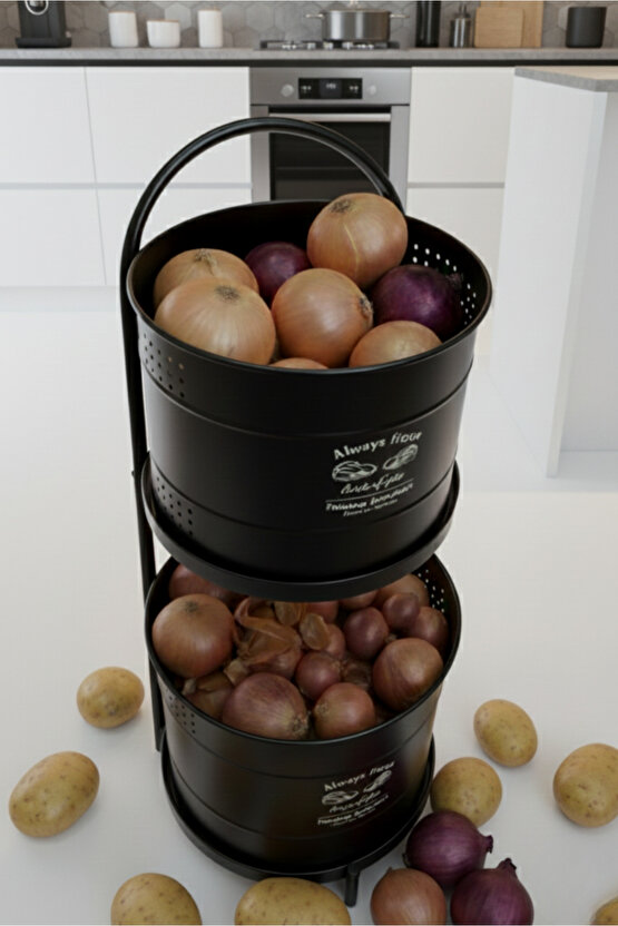 Siyah Maxi Metal Patates Soğanlık Dev Boy Patates Soğan Saklama Kovası Sebzelik