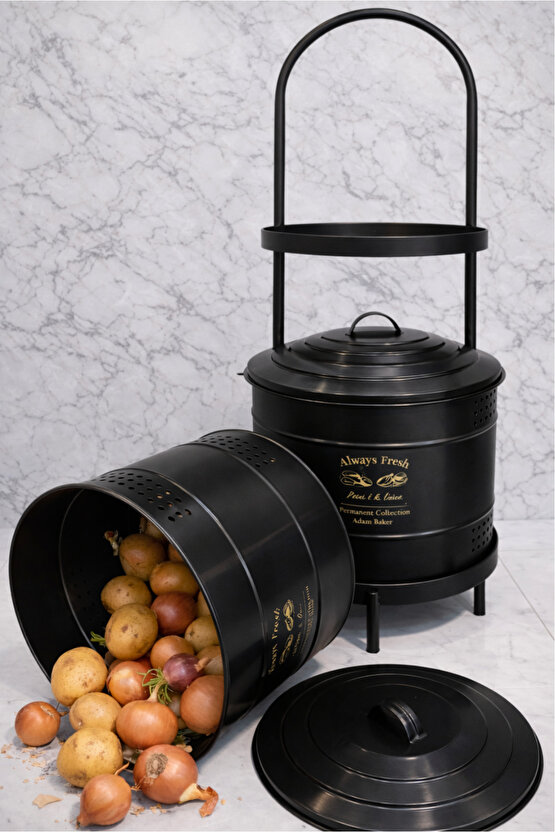 Siyah Maxi Metal Patates Soğanlık Dev Boy Patates Soğan Saklama Kovası Sebzelik