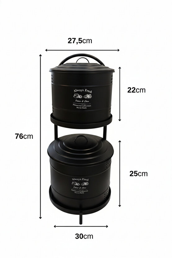 Siyah Maxi Metal Patates Soğanlık Dev Boy Patates Soğan Saklama Kovası Sebzelik