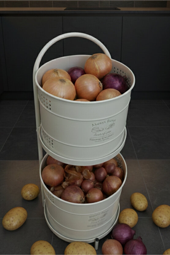 Krem Maxi Metal Patates Soğanlık Dev Boy Patates Soğan Saklama Kovası