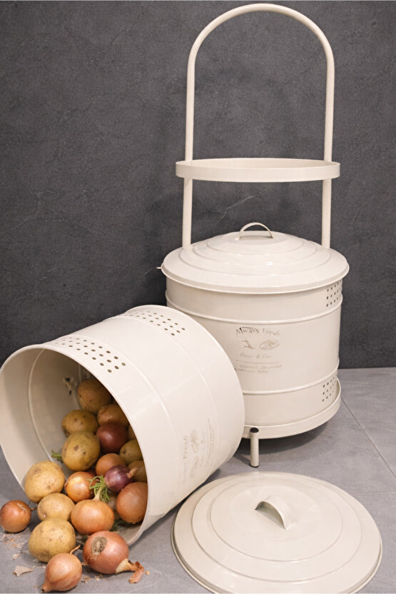 Krem Maxi Metal Patates Soğanlık Dev Boy Patates Soğan Saklama Kovası