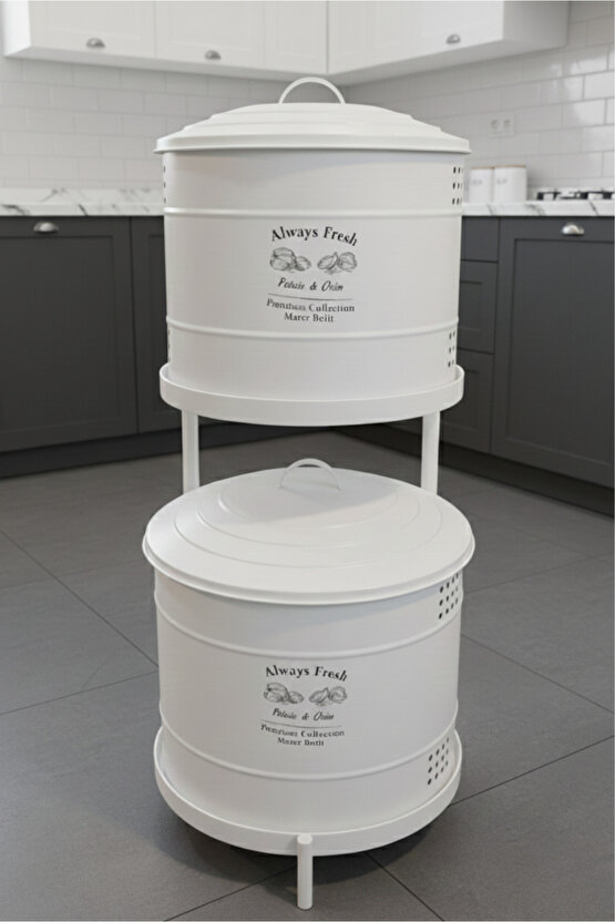 Beyaz Maxi Metal Patates Soğanlık Dev Boy Patates Soğan Saklama Kovası