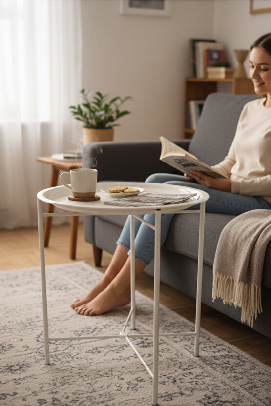 Katlanır Tepsili Metal Sehpa Çok Amaçlı Çıkarılabilir Tepsili Sehpa