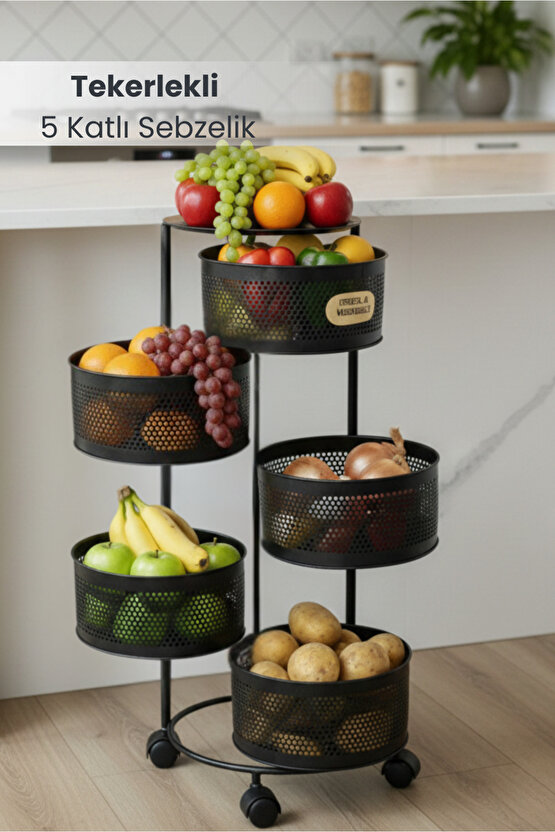 5 Katlı Tekerlekli Tepsili Metal Sebzelik Açılır Patates Soğan Meyvelik Sepeti Raf SİYAH