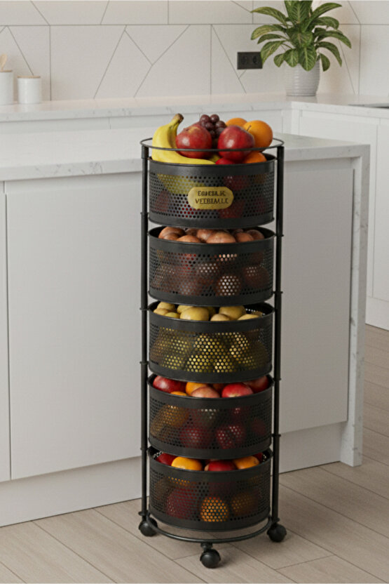 5 Katlı Tekerlekli Tepsili Metal Sebzelik Açılır Patates Soğan Meyvelik Sepeti Raf SİYAH