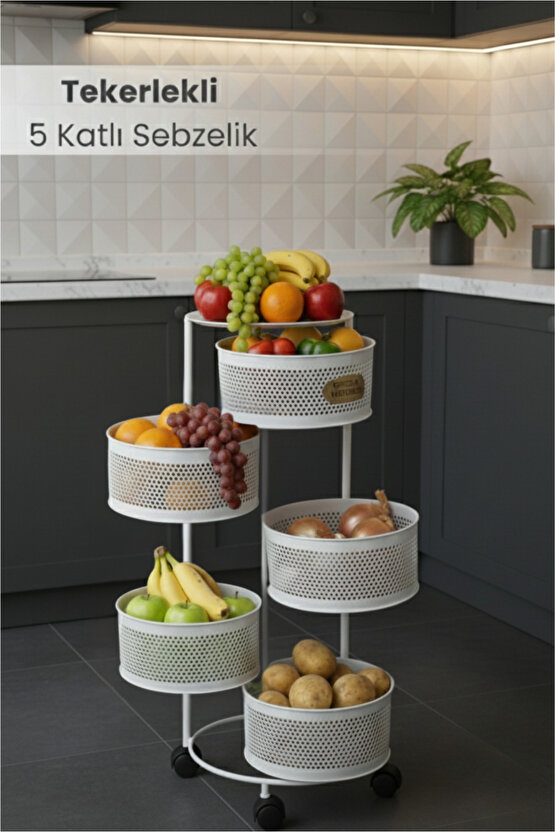 5 Katlı Tekerlekli Tepsili Metal Sebzelik Açılır Patates Soğan Meyvelik Sepeti Raf BEYAZ