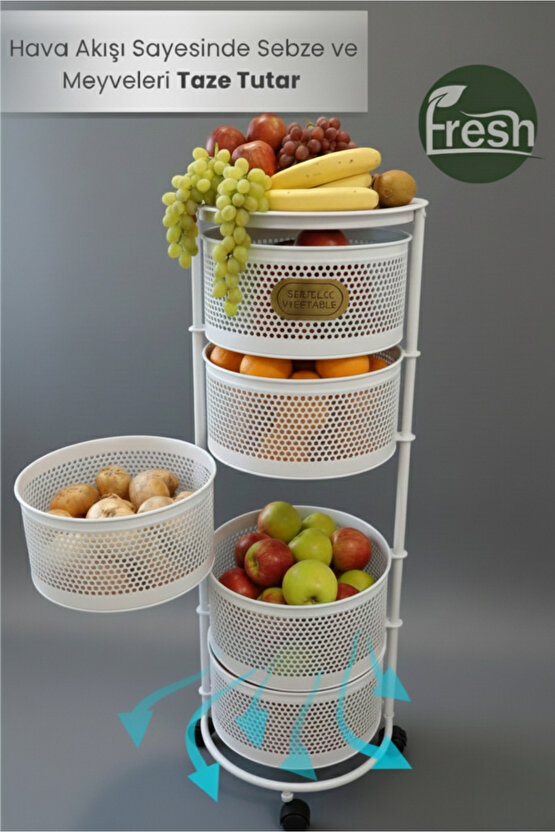 5 Katlı Tekerlekli Tepsili Metal Sebzelik Açılır Patates Soğan Meyvelik Sepeti Raf BEYAZ