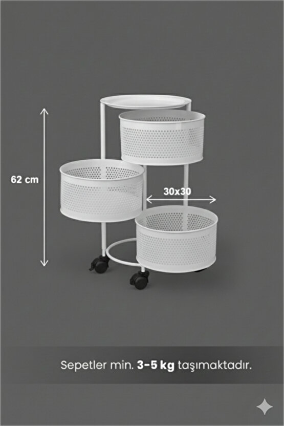 3 Katlı Tekerlekli Tepsili Kule Sebzelik Açılır Metal Patates Soğan Meyvelik Sepetli Raf BEYAZ