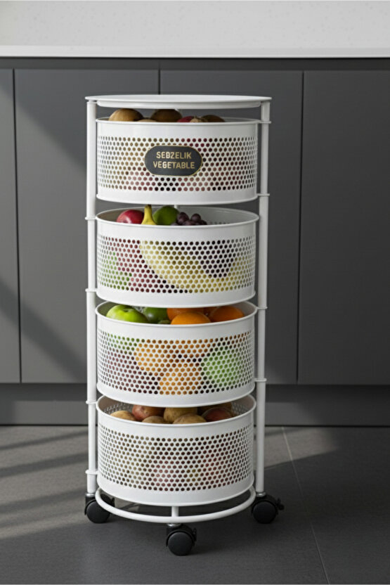 4 Katlı Tekerlekli Tepsili Kule Sebzelik Açılır Metal Patates Soğan Meyvelik Sepetli Raf BEYAZ