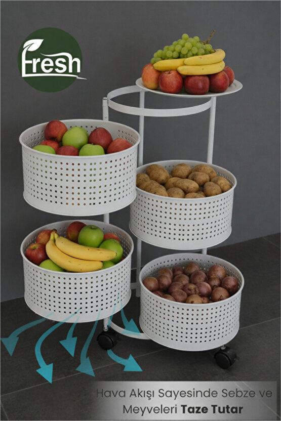 4 Katlı Tekerlekli Tepsili Kule Sebzelik Açılır Metal Patates Soğan Meyvelik Sepetli Raf BEYAZ