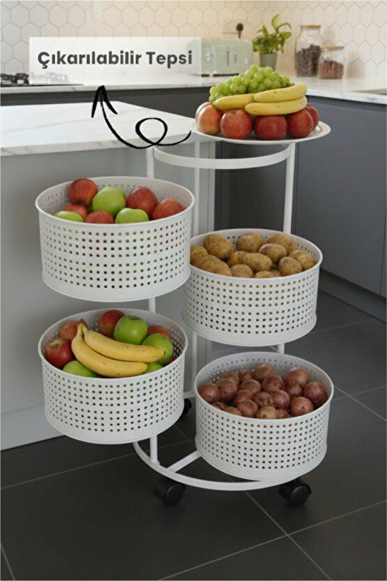 4 Katlı Tekerlekli Tepsili Kule Sebzelik Açılır Metal Patates Soğan Meyvelik Sepetli Raf BEYAZ