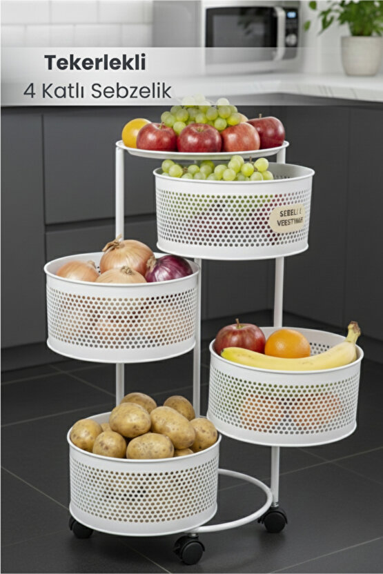 4 Katlı Tekerlekli Tepsili Kule Sebzelik Açılır Metal Patates Soğan Meyvelik Sepetli Raf BEYAZ