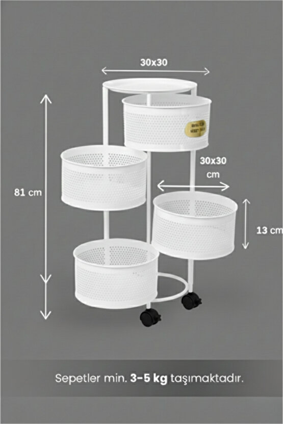 4 Katlı Tekerlekli Tepsili Kule Sebzelik Açılır Metal Patates Soğan Meyvelik Sepetli Raf BEYAZ