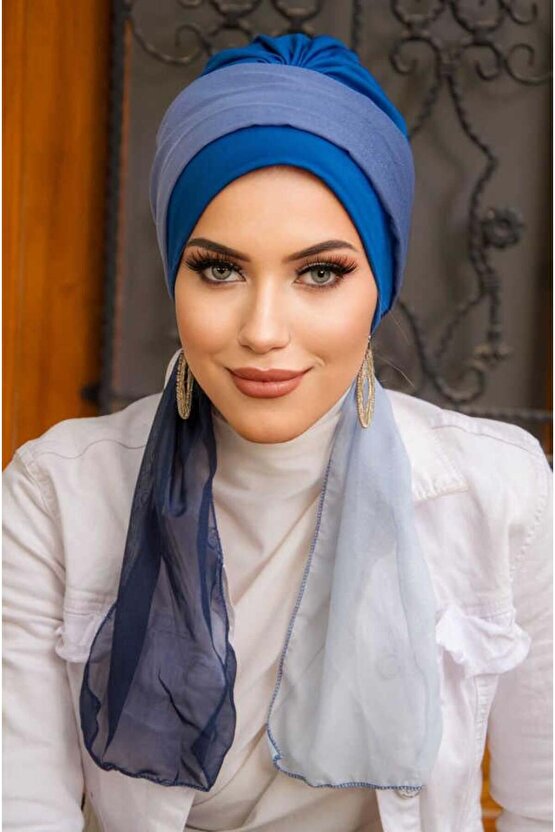 Koyu Mavi Batik Fularlı Desen Fularlı Bone