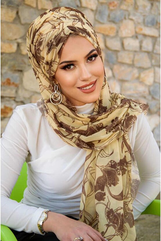 Uçuk Sarı Kahve Çiçek Desen Hazır Şal