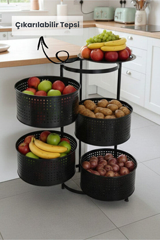 4 Katlı Tepsili Metal Sebzelik Açılır Metal Patates Soğan Meyvelik Sepeti Rafı Siyah