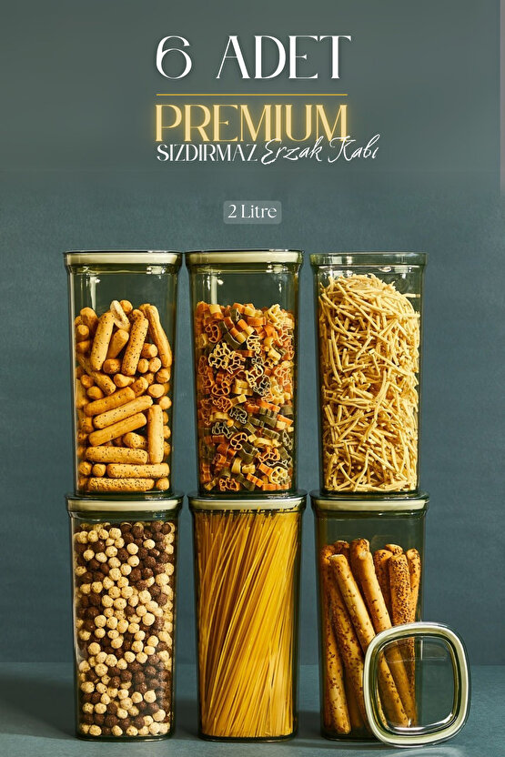 Premium 6lı 2 LT Sızdırmaz Contalı Erzak Bakliyat Saklama Kabı Yeşil