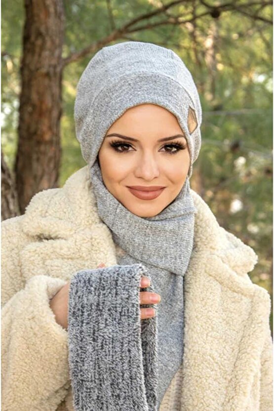 Gri Kürk Aksesuarlı Maskeli Tesettür Bere