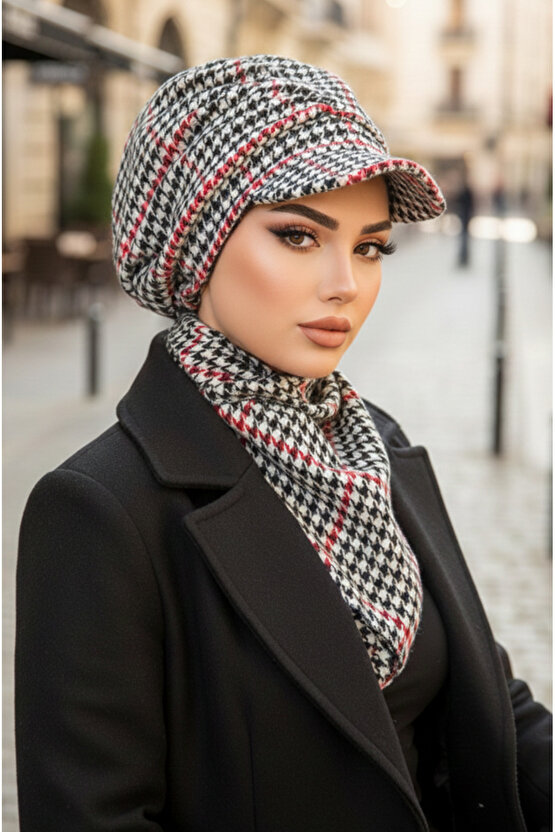 Kırmızı Kazayağı Büzgülü Tesettür Şapka