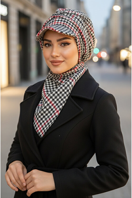 Kırmızı Kazayağı Büzgülü Tesettür Şapka