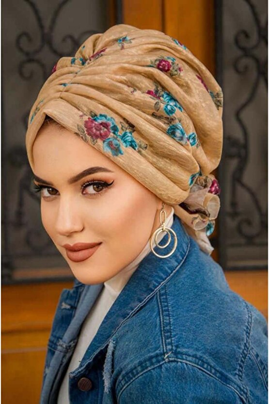 Camel Yaprak Desenli Tokalı Bone