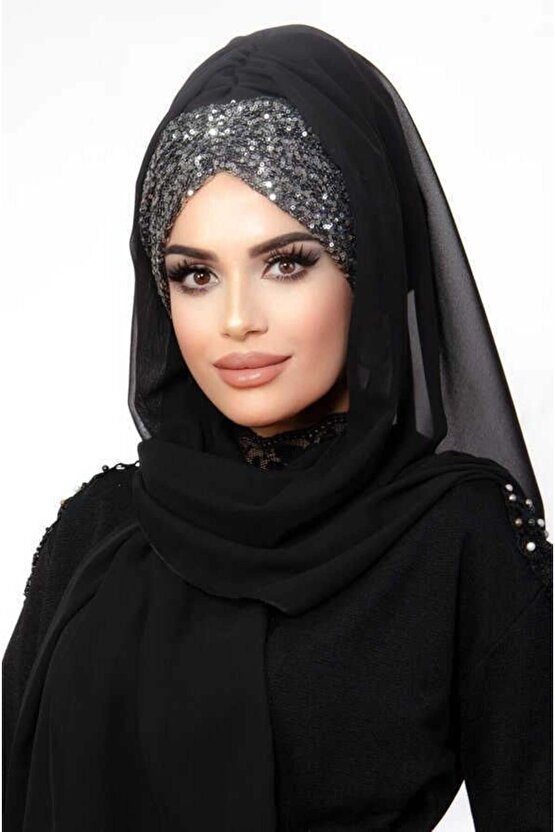 Siyah Büzgülü Hazır Abiye Şal - 60400