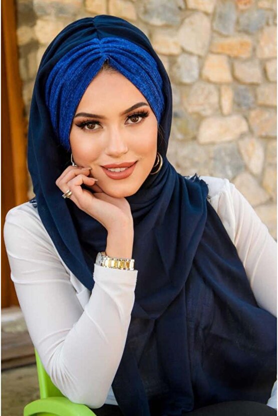 Lacivert Kot Büzgülü Hazır Şal