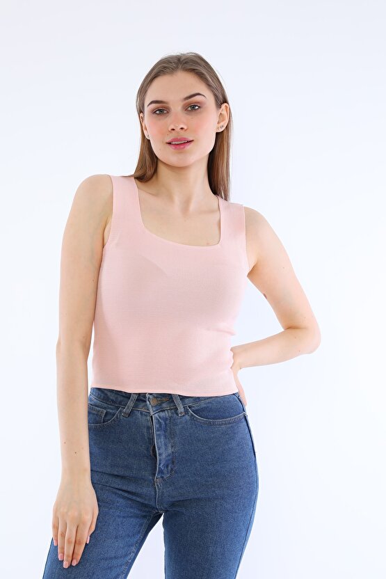 Kadın Pembe Kolsuz Bluz Kalın Askılı Atlet Ince Yazlık Kare Yaka Triko